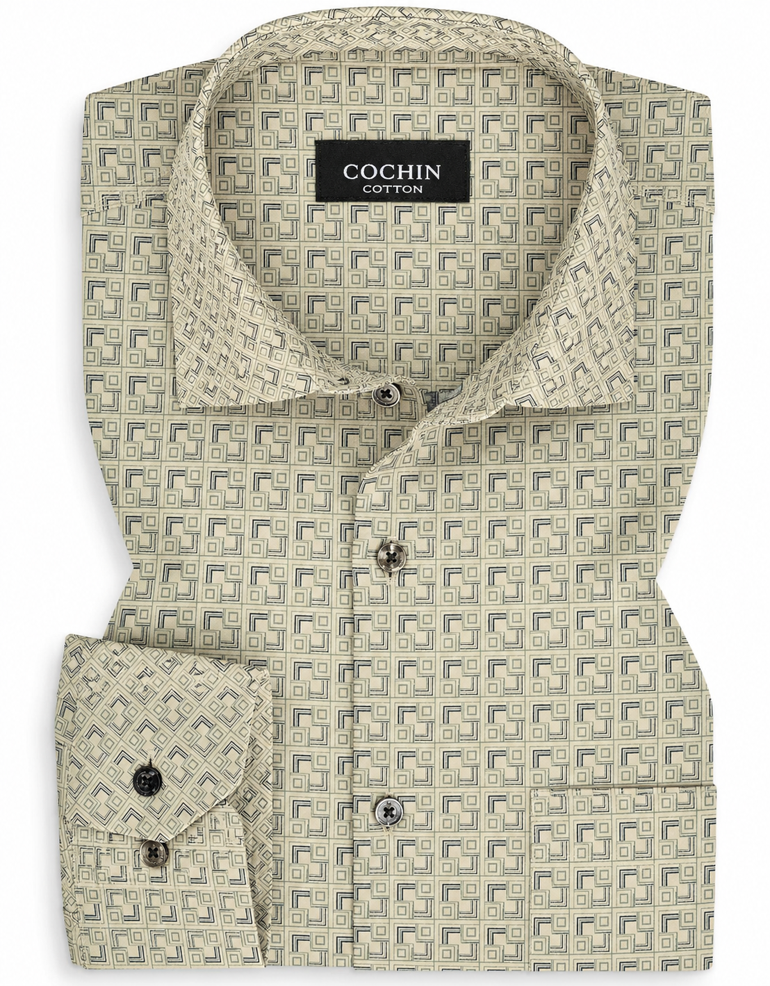 Patterned shirt with COCHIN COTTIN label on a white background