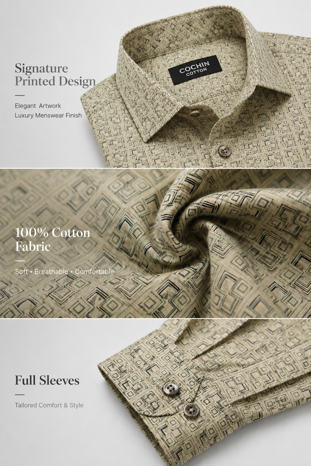 Beige patterned shirt with 'Cochin' label, featuring 100% cotton fabric and full sleeves.