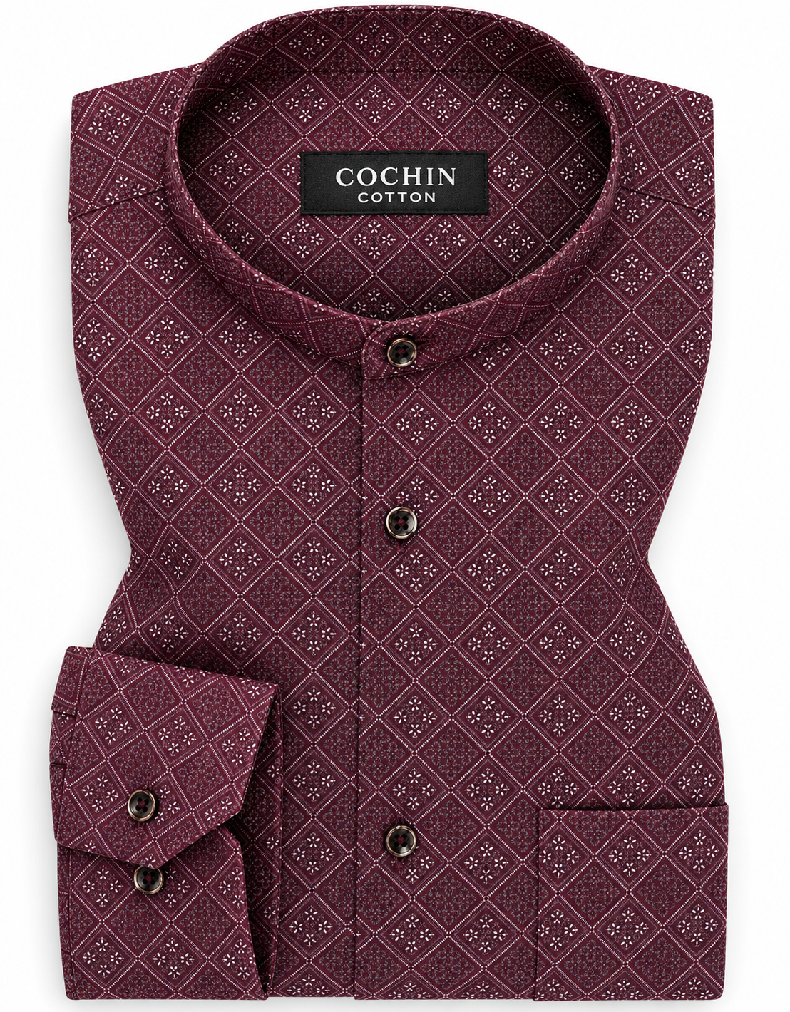 Maroon patterned shirt with 'Cochin Cotton' label on a white background