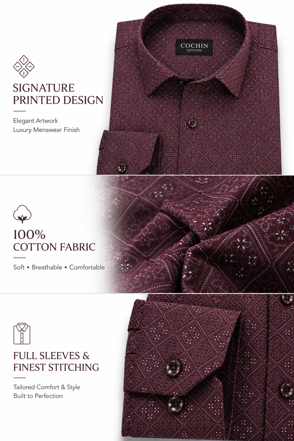 Maroon patterned shirt with Cochin label on a white background