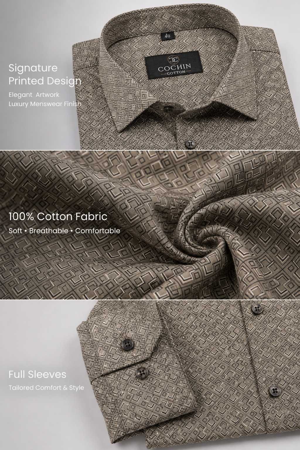 Brown patterned shirt with Cochin label, fabric swatch, and text on a white background