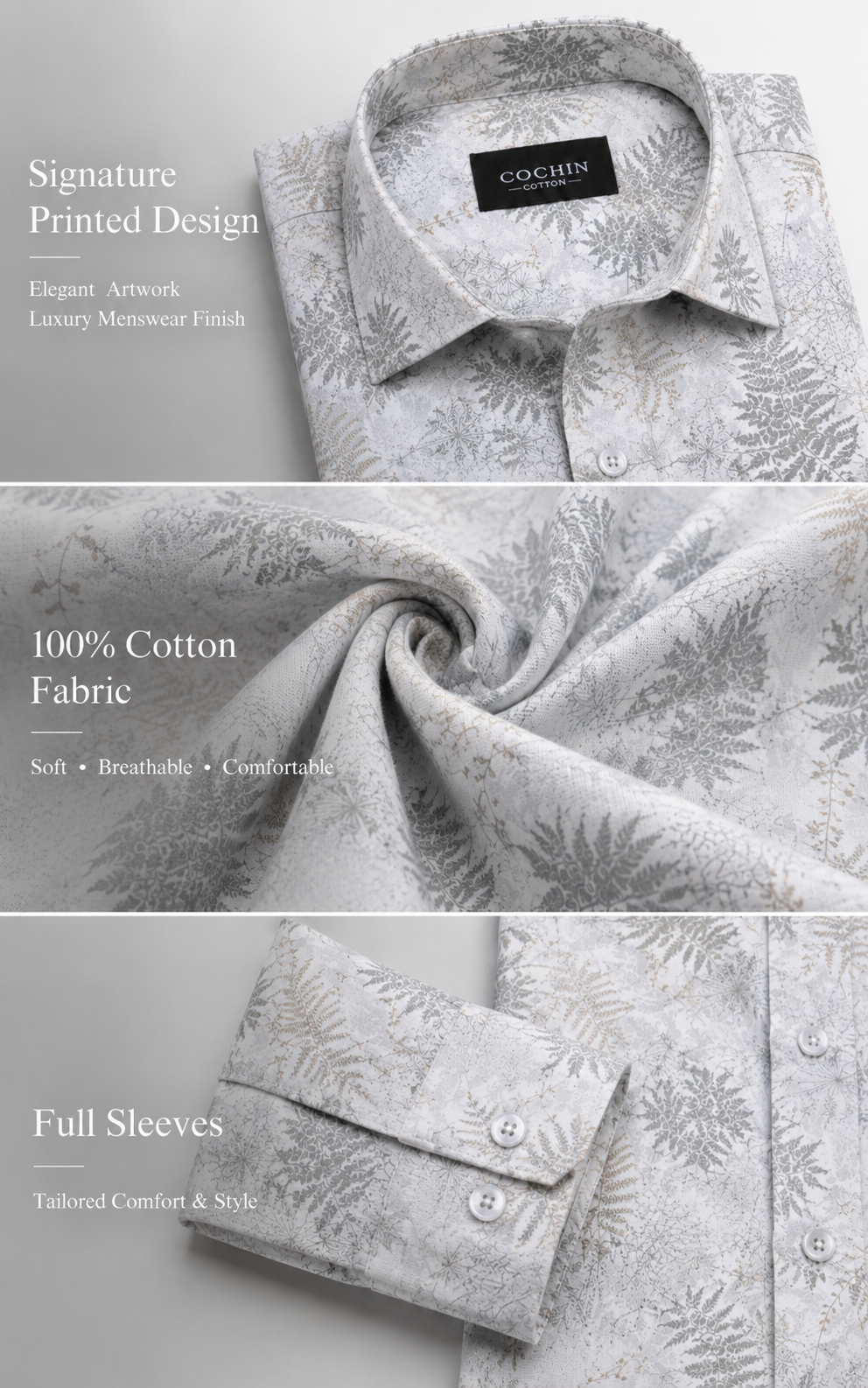 Gray floral patterned shirt with 'Gochin' label, featuring text about fabric and design.