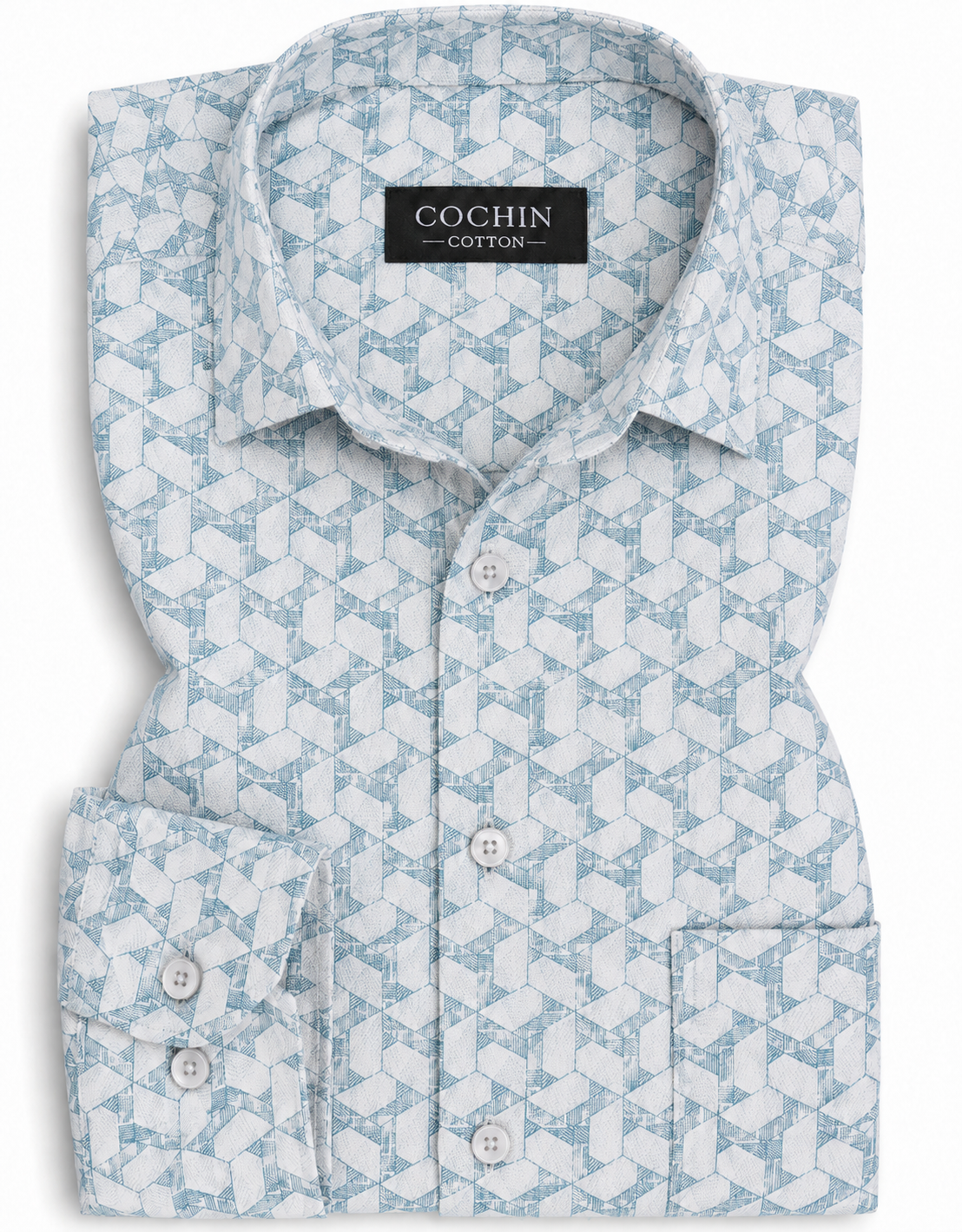 Blue and white geometric patterned shirt with 'Cochin Cotton' label on a white background