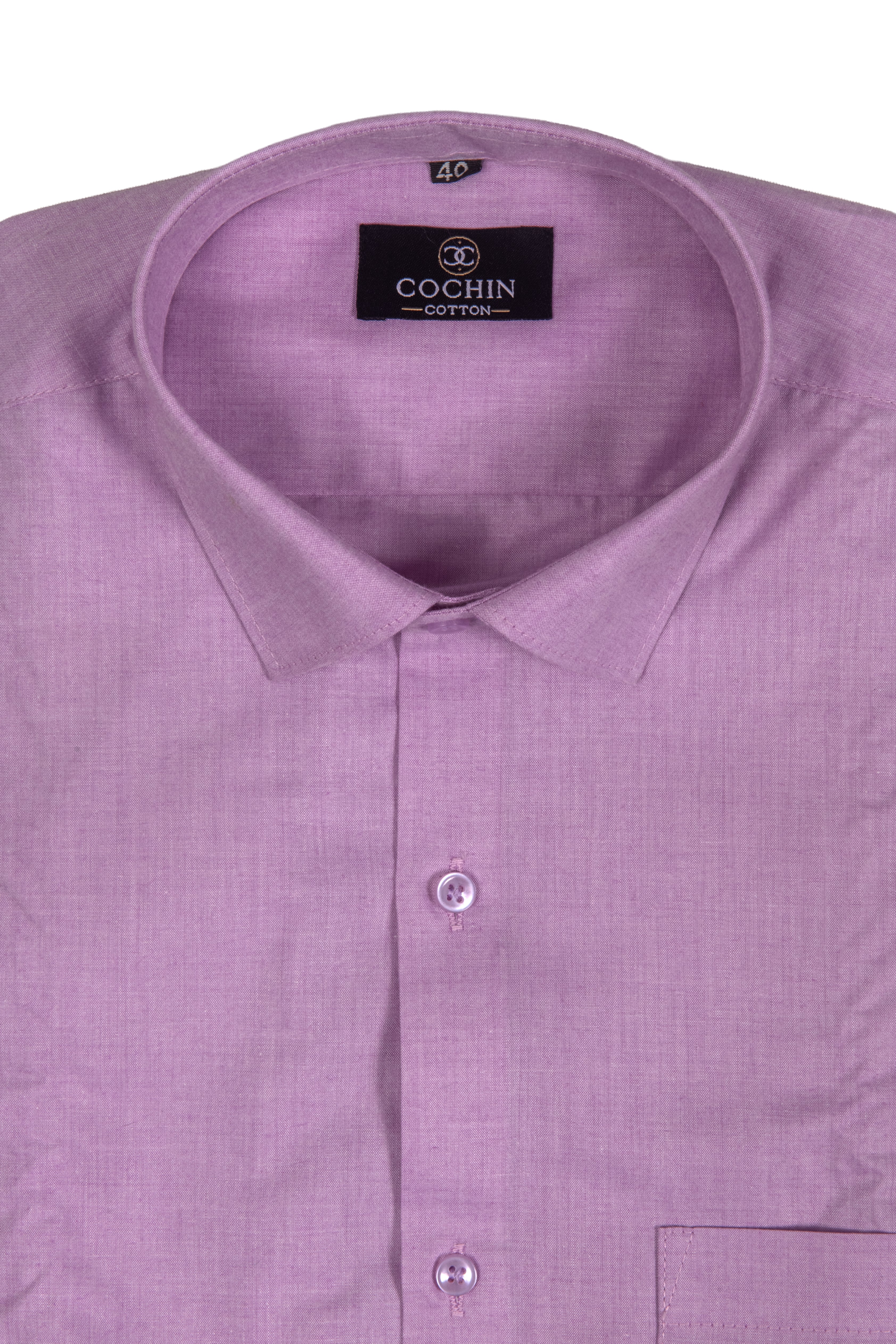 A close-up of a light purple long-sleeve dress shirt by Cochin Cotton, showing the collar, front buttons, and a small chest pocket against a white background.