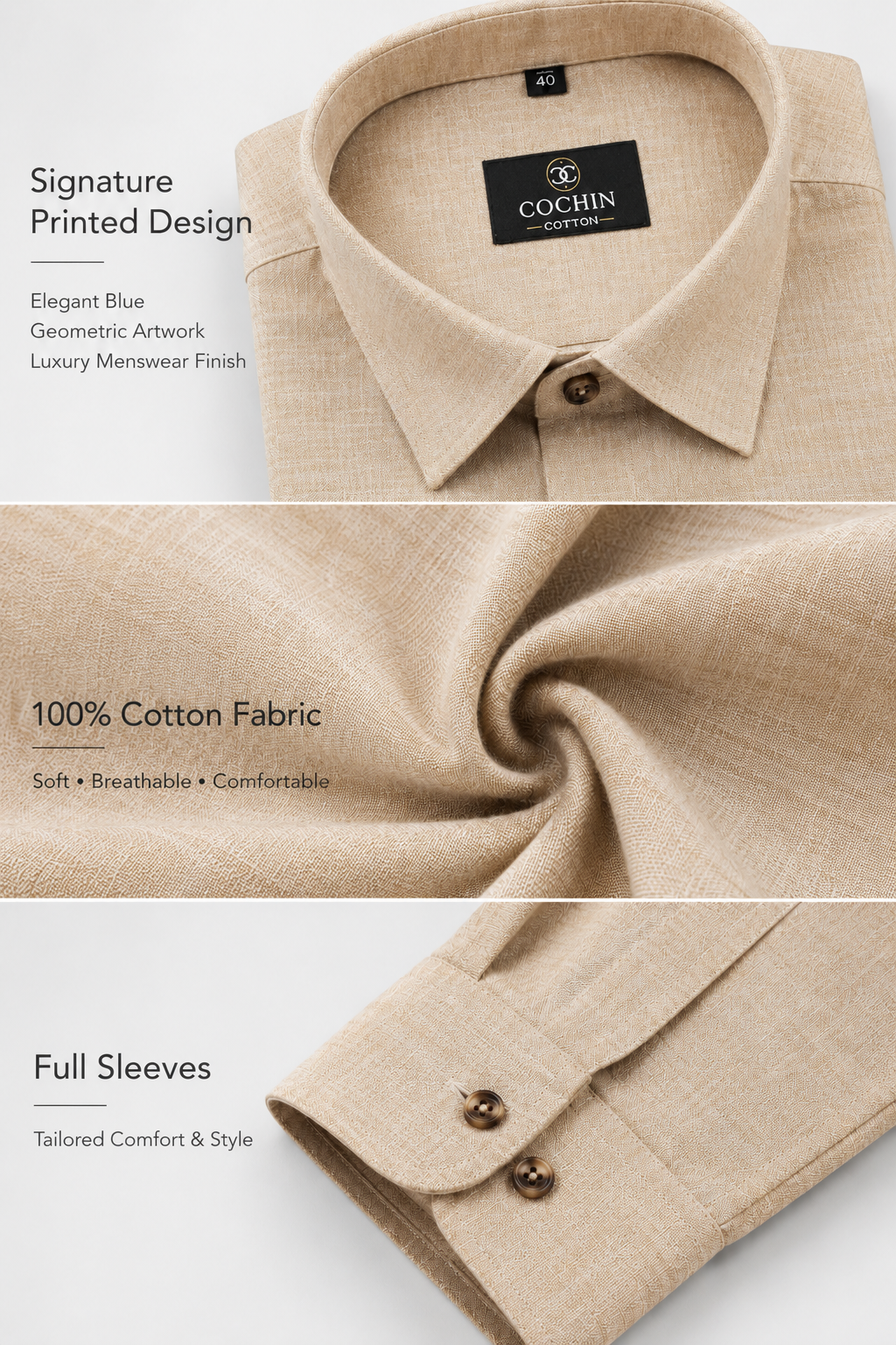 Beige shirt with Cochin label, highlighting features like 100% cotton fabric and full sleeves.