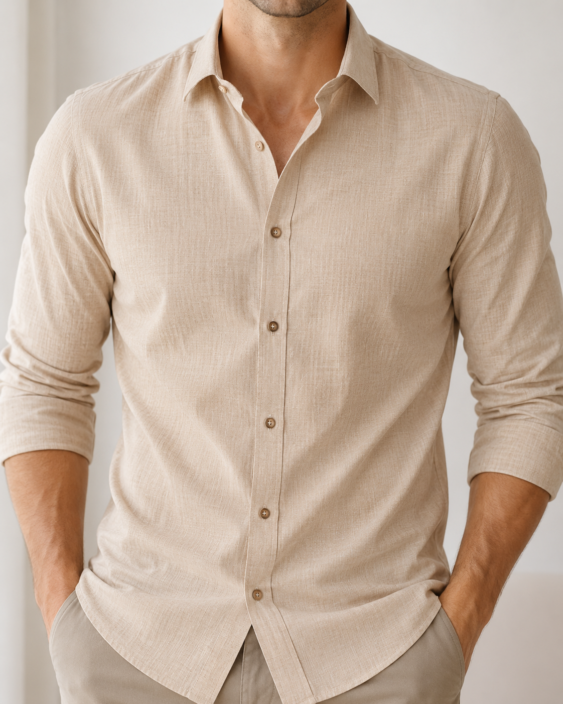 Man wearing a beige button-up shirt against a plain background