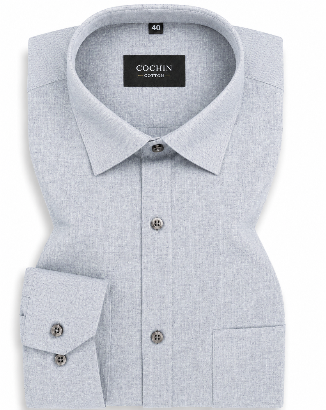 Light blue checkered dress shirt with 'Cochin' label on a white background