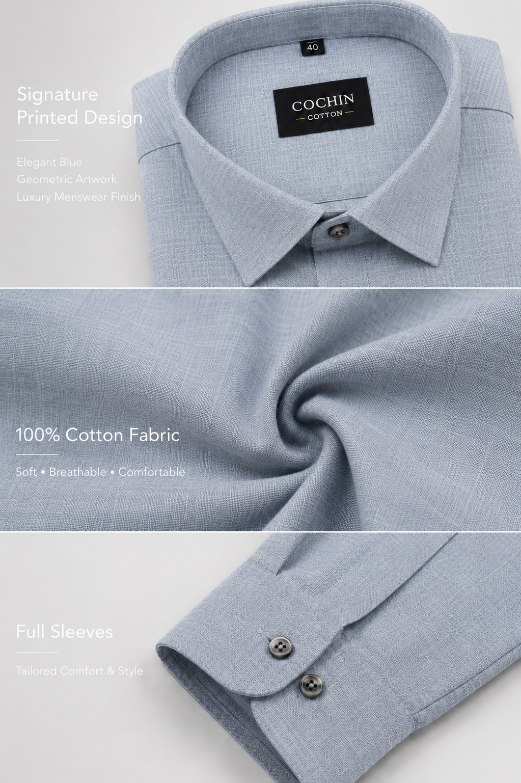 Light blue shirt with Cochin branding, featuring details like 100% cotton fabric and full sleeves.