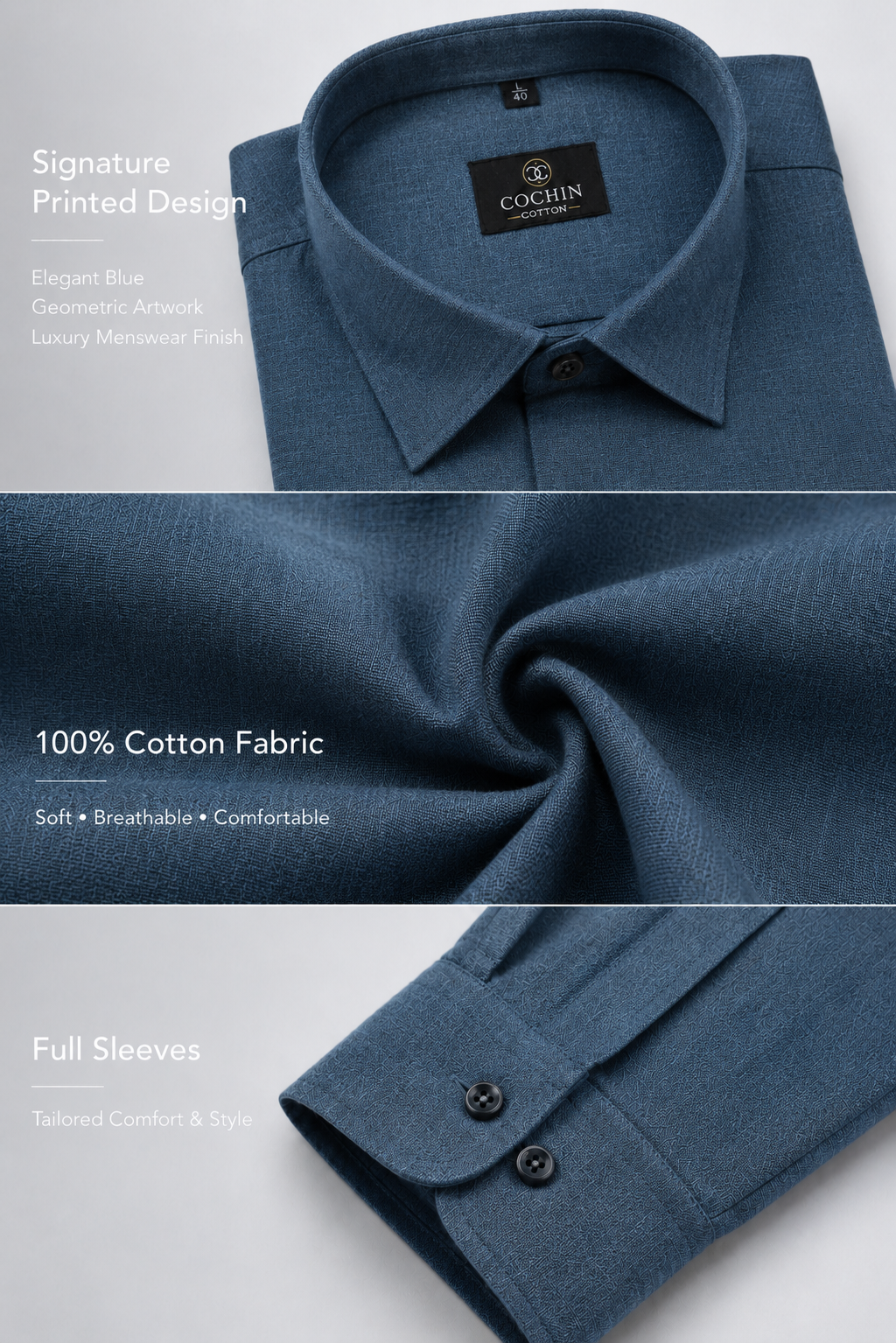 Blue shirt with Cochin label, highlighting features like 100% cotton fabric and full sleeves.