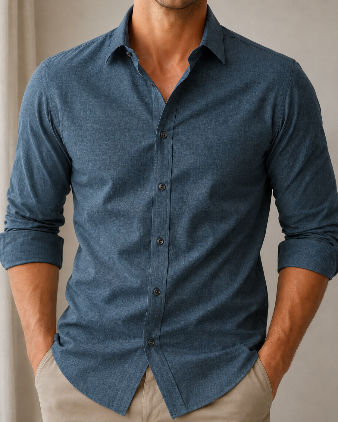 Man wearing a blue button-up shirt with rolled-up sleeves against a neutral background