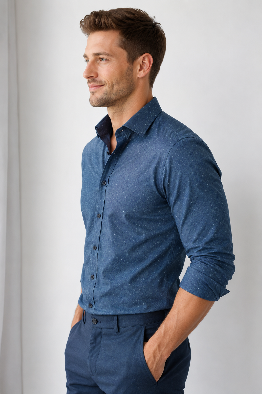 Man wearing a blue shirt and pants against a white background