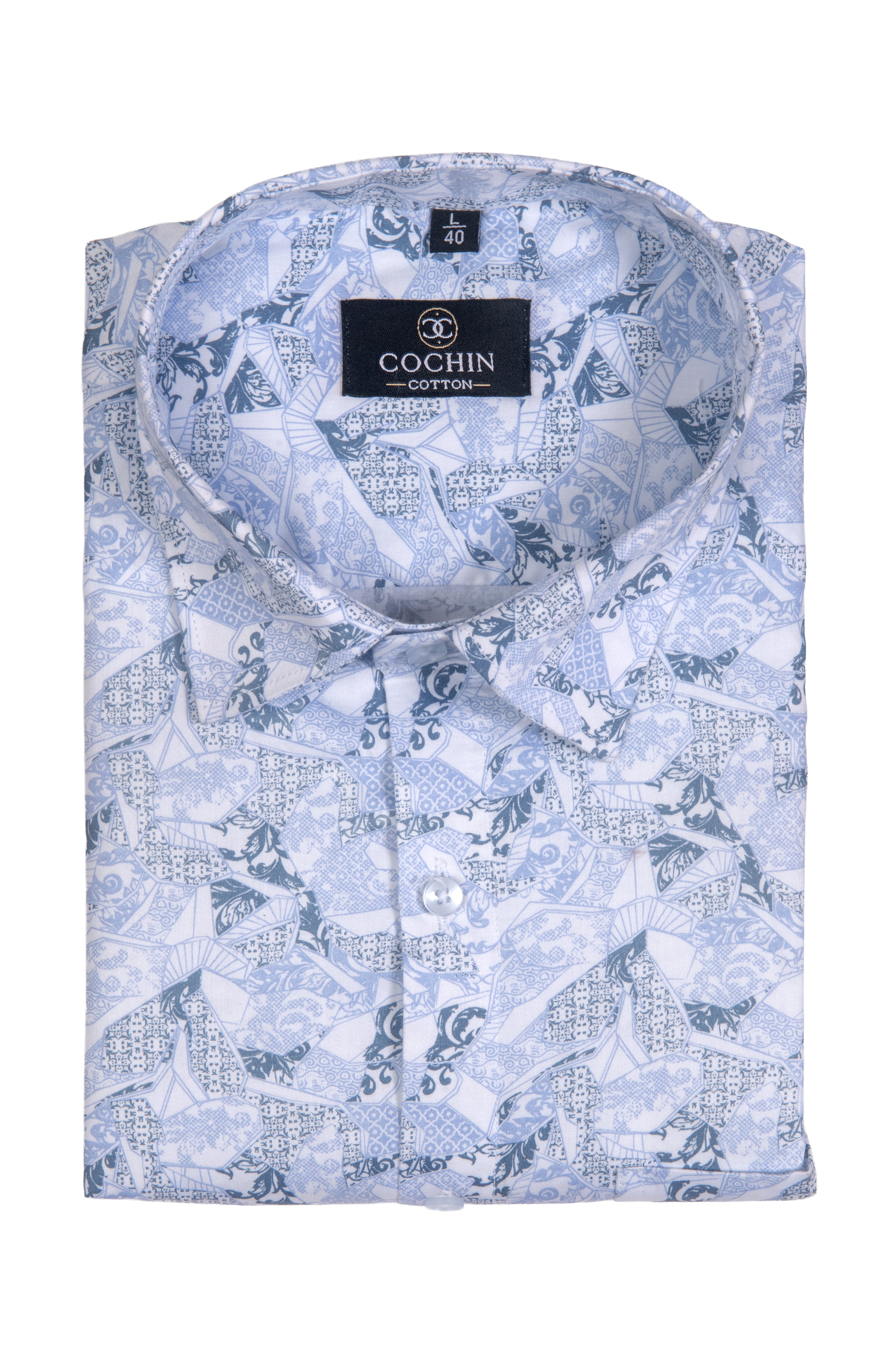 Cochin Cotton Sky Blue Patchwork Printed Cotton Shirt