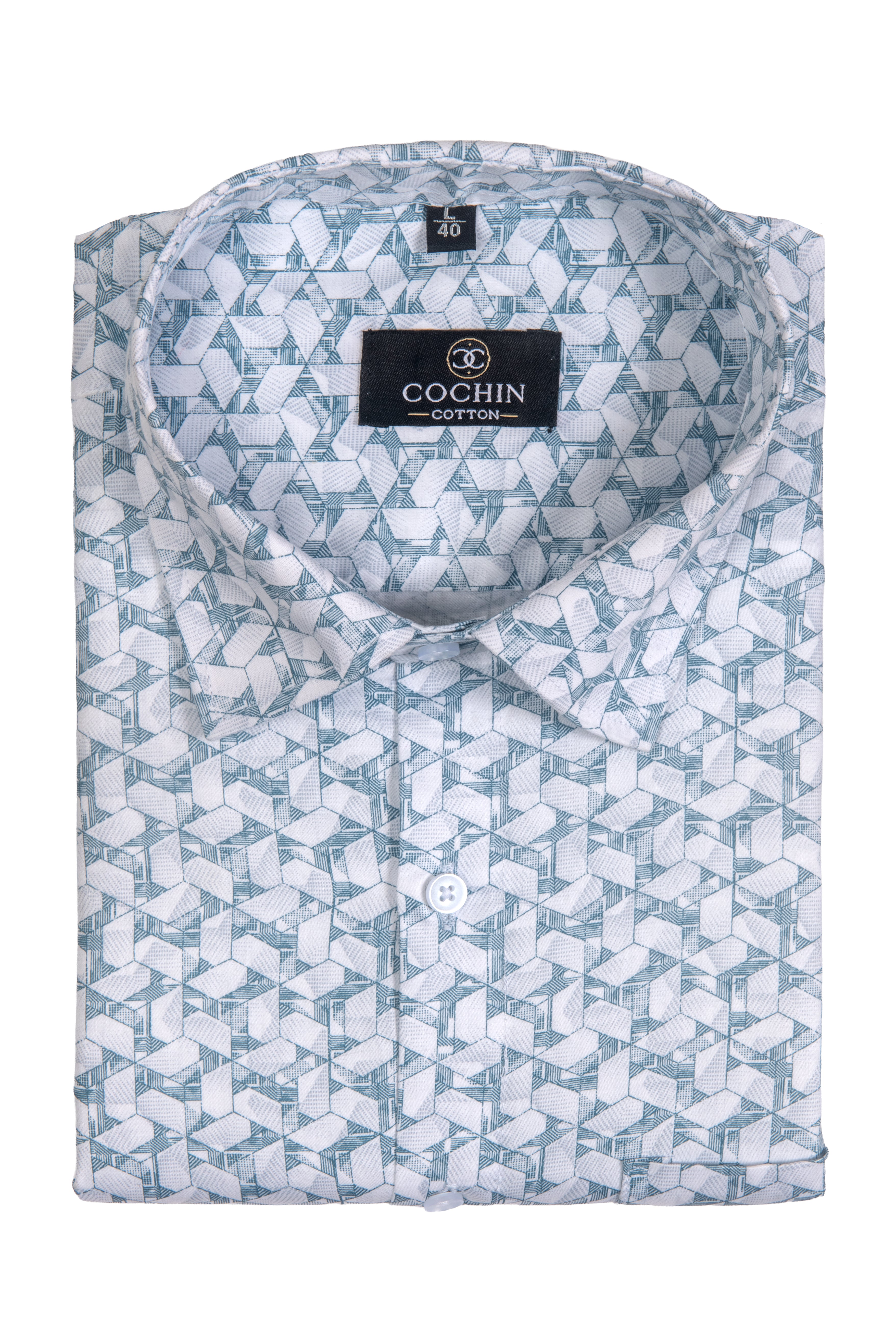 A folded Cochin Cotton dress shirt featuring a light blue and white geometric cube pattern, displayed on a clean white background.
