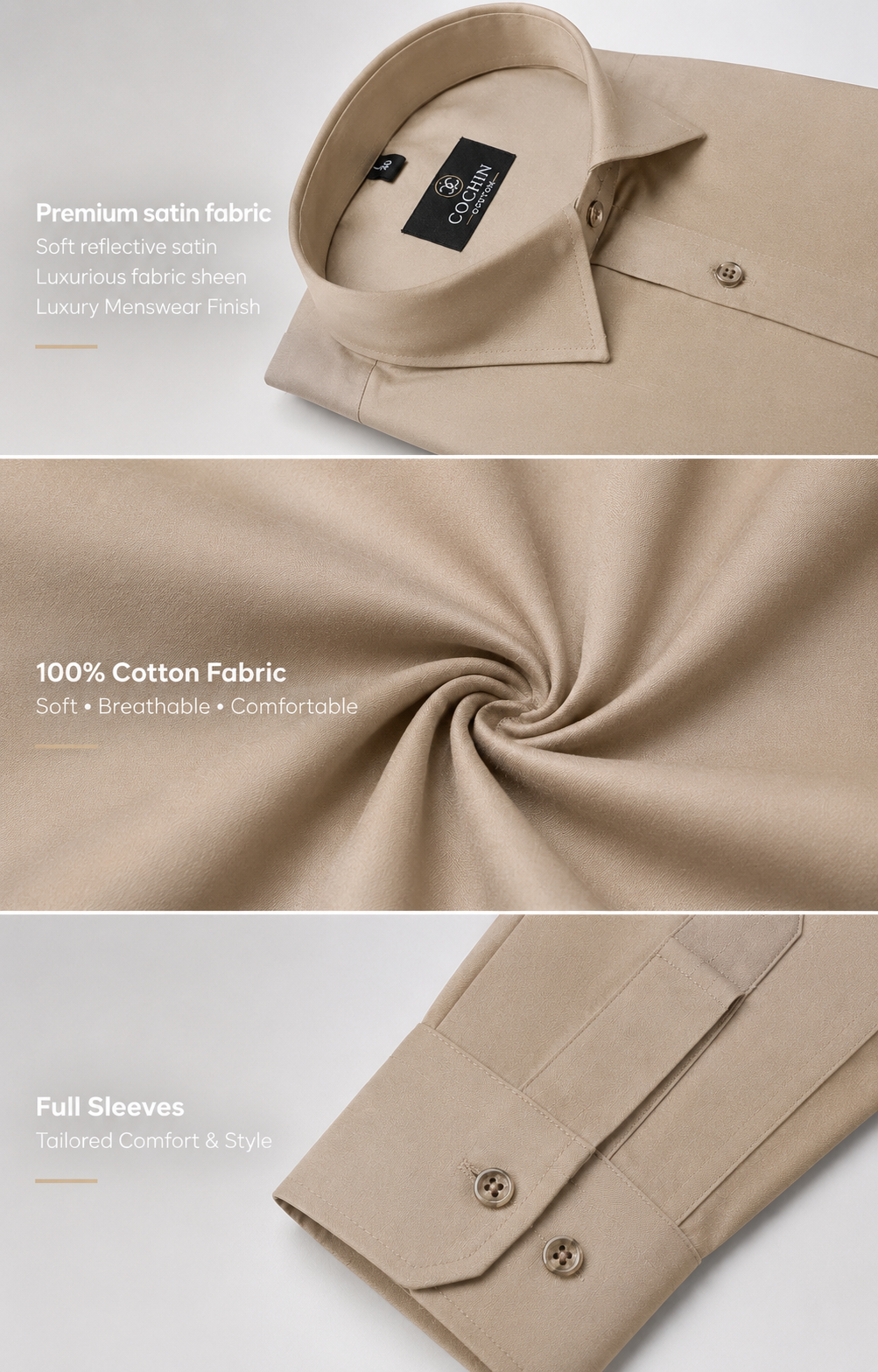 Cochin Cotton Solid Beige Satin Shirt