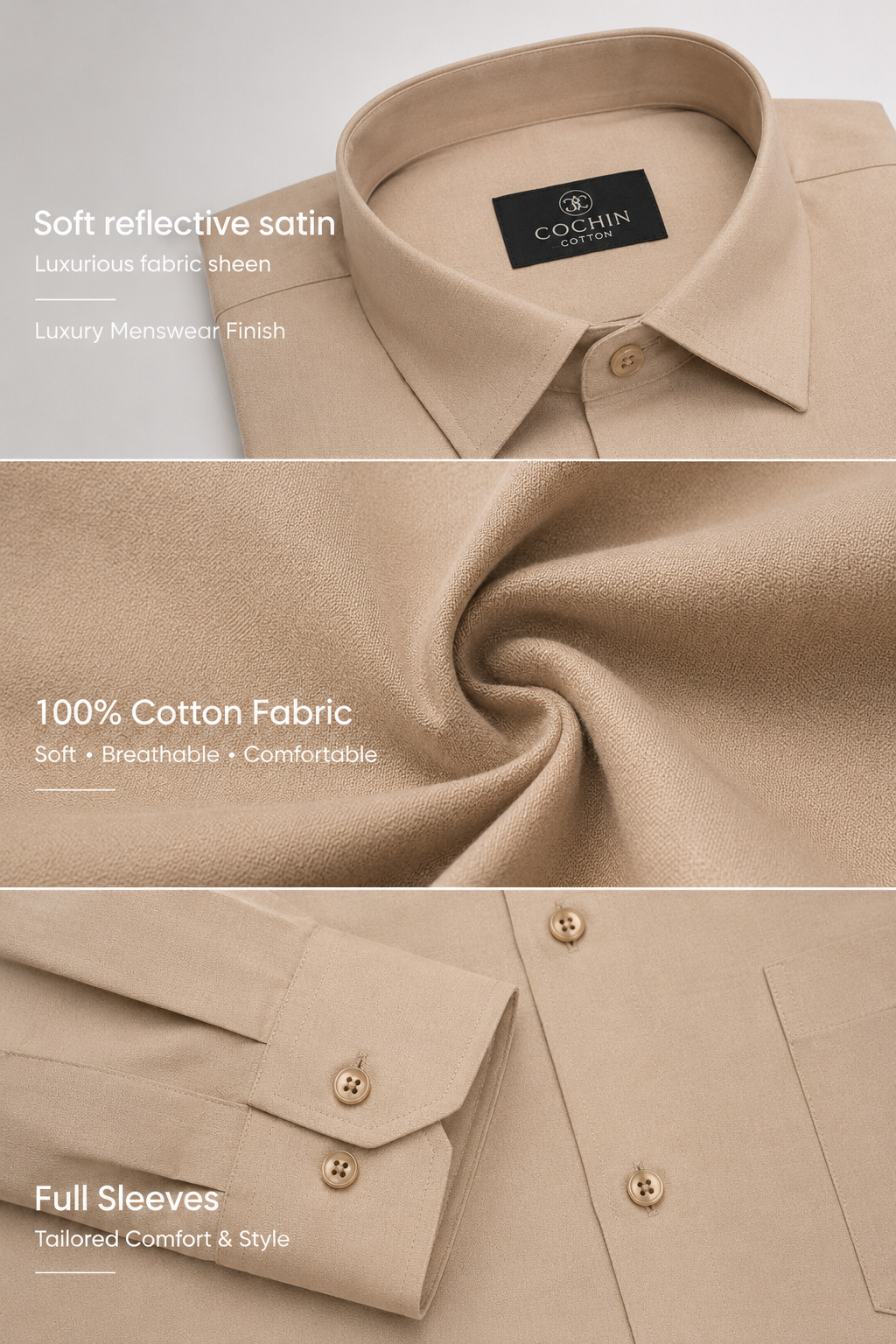 Cochin Cotton Solid Stone Beige Satin Shirt