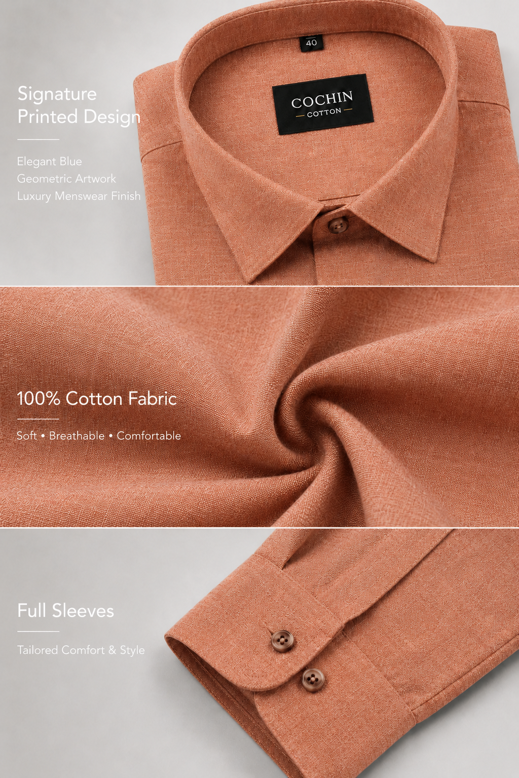 Brown shirt with Cochin Cotton label on a light gray background