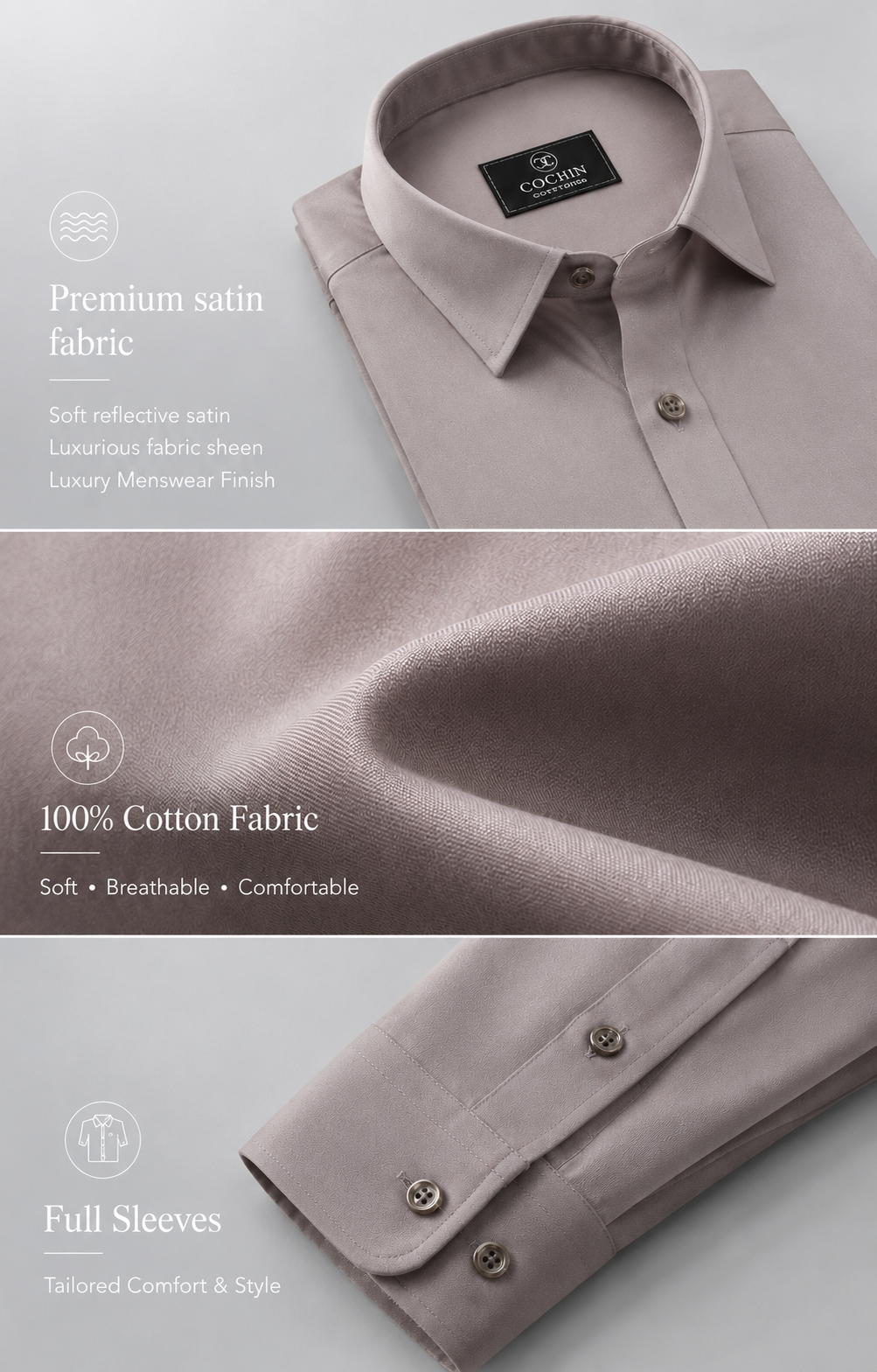 Cochin Cotton Solid Taupe Grey Satin Shirt