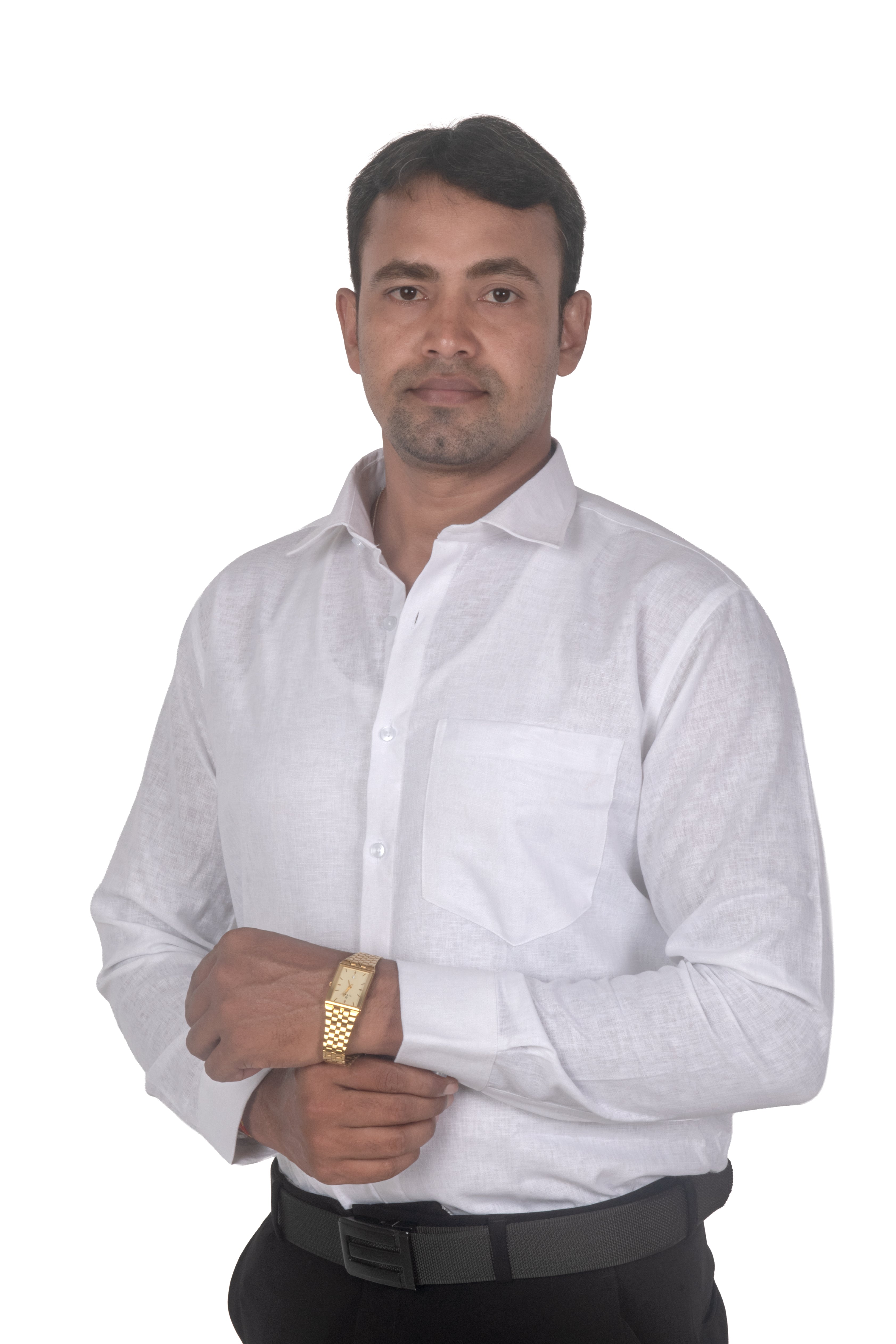 A man wearing a white long-sleeve linen button-down shirt, black trousers, and a gold watch, standing against a solid white background.