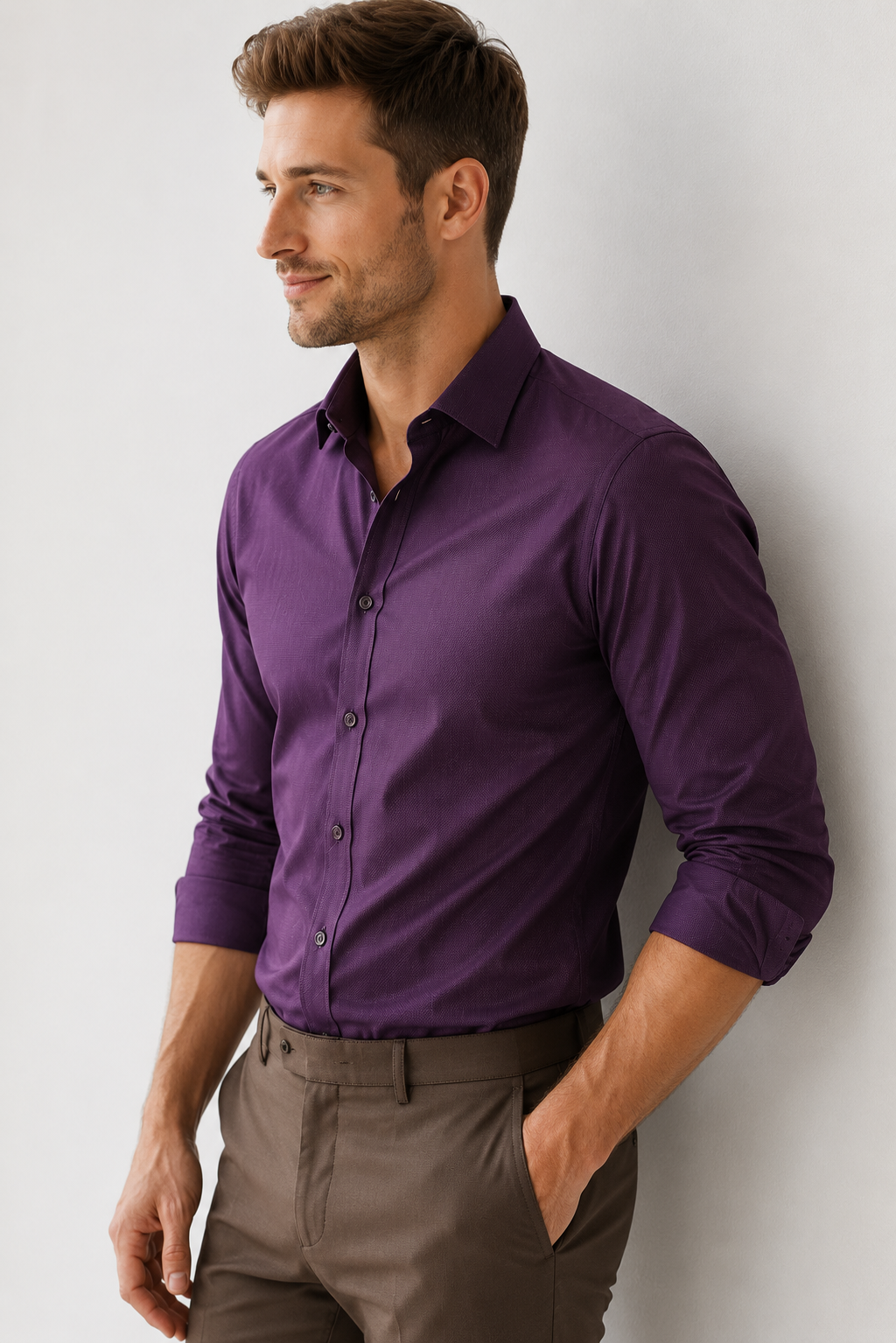 Man wearing a purple shirt and brown pants against a light gray background