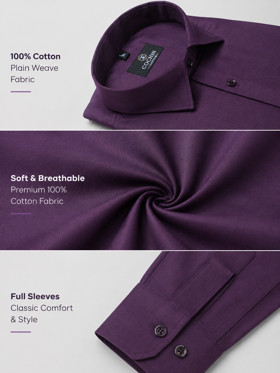 Purple shirt with text highlighting features like fabric type, breathability, and sleeve length.