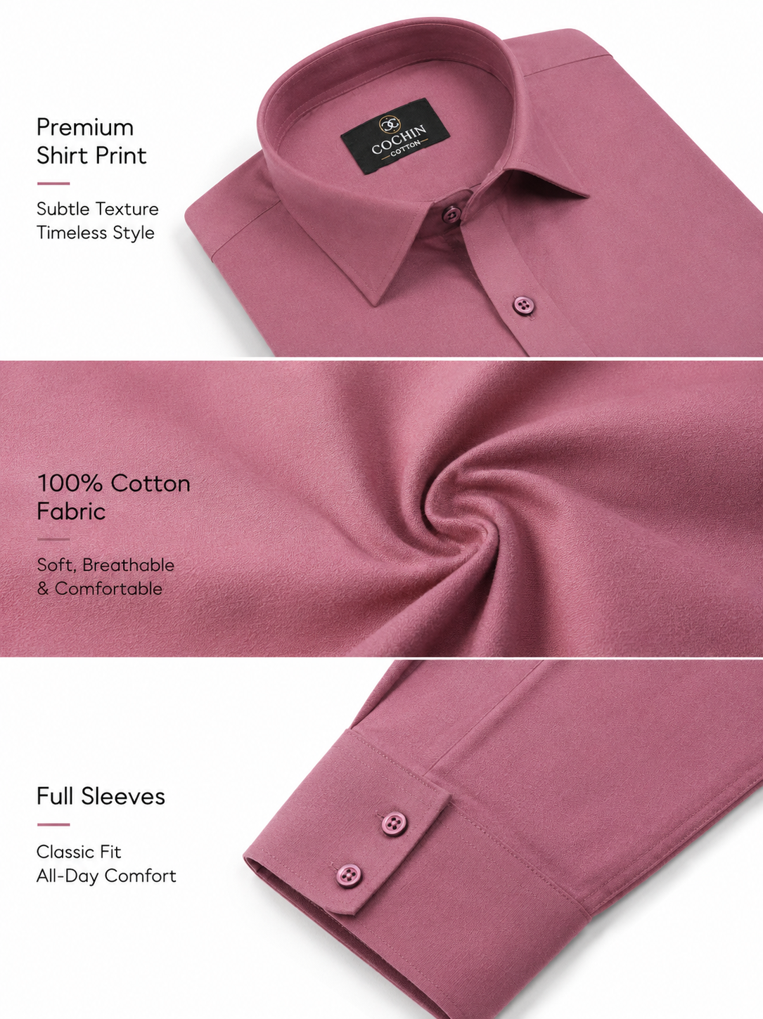 Mauve shirt with brand logo, fabric texture, and sleeve details on a white background