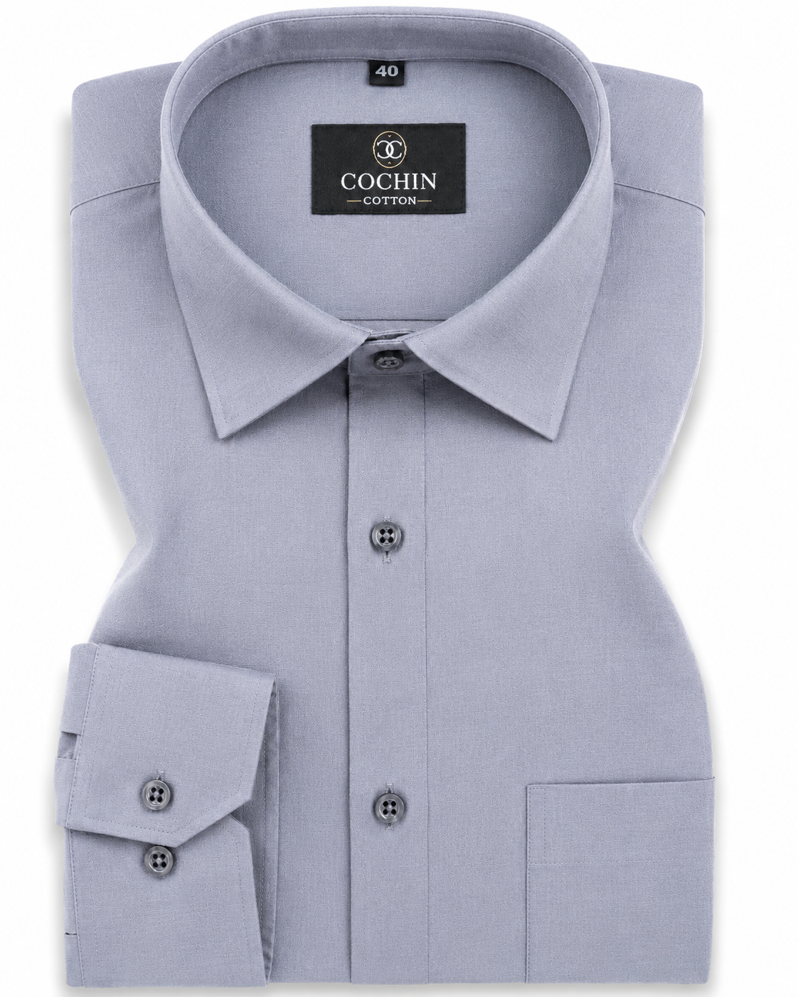 Light blue dress shirt with collar tag displaying 'Cochin'