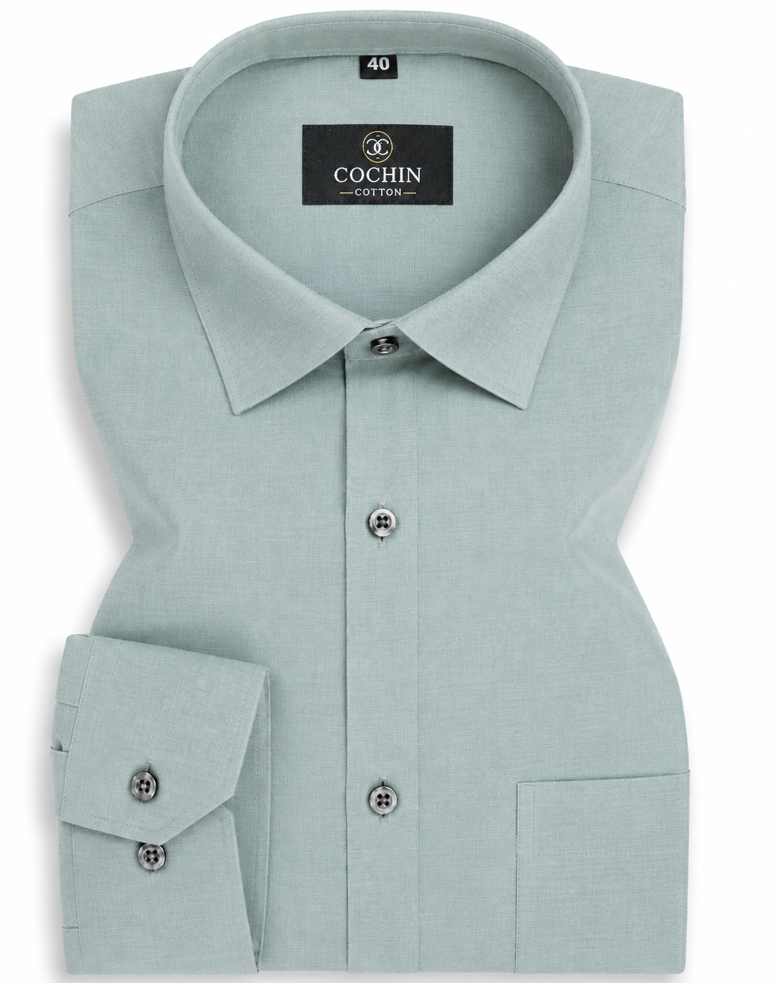 Light blue dress shirt with collar label on a white background
