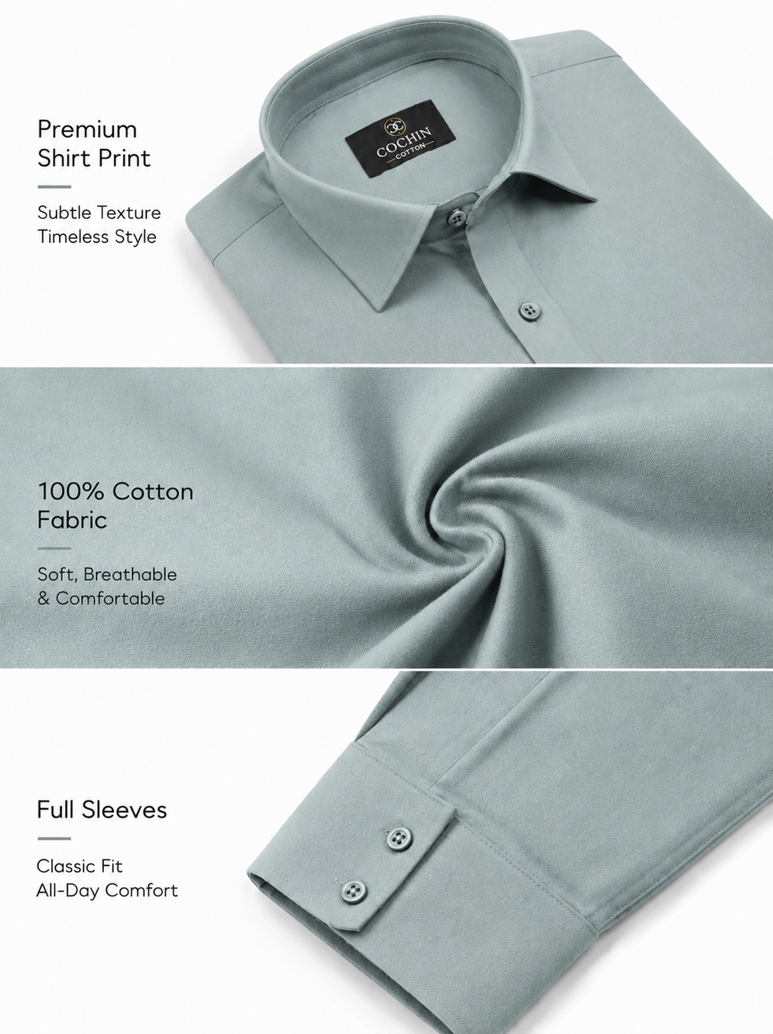 Light gray shirt with text highlighting features like premium print, 100% cotton fabric, full sleeves, and classic fit.