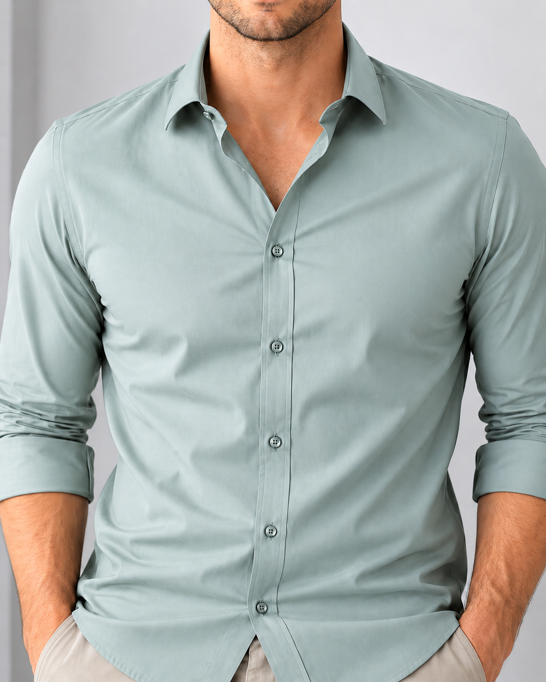 Light blue button-up shirt worn by a person on a plain background