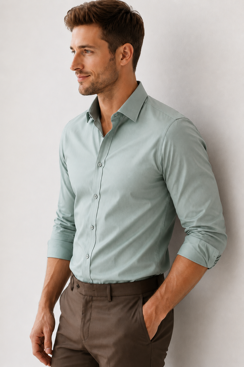 Man wearing a light blue shirt and brown pants against a white wall
