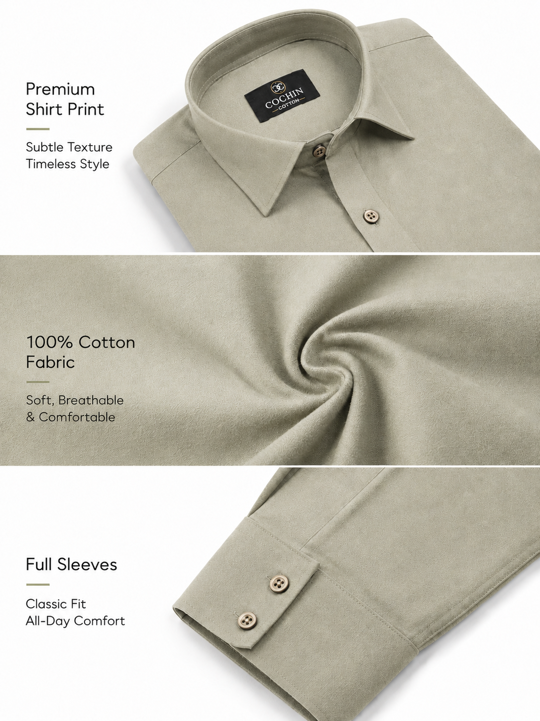 Beige shirt with text highlighting features on a white background
