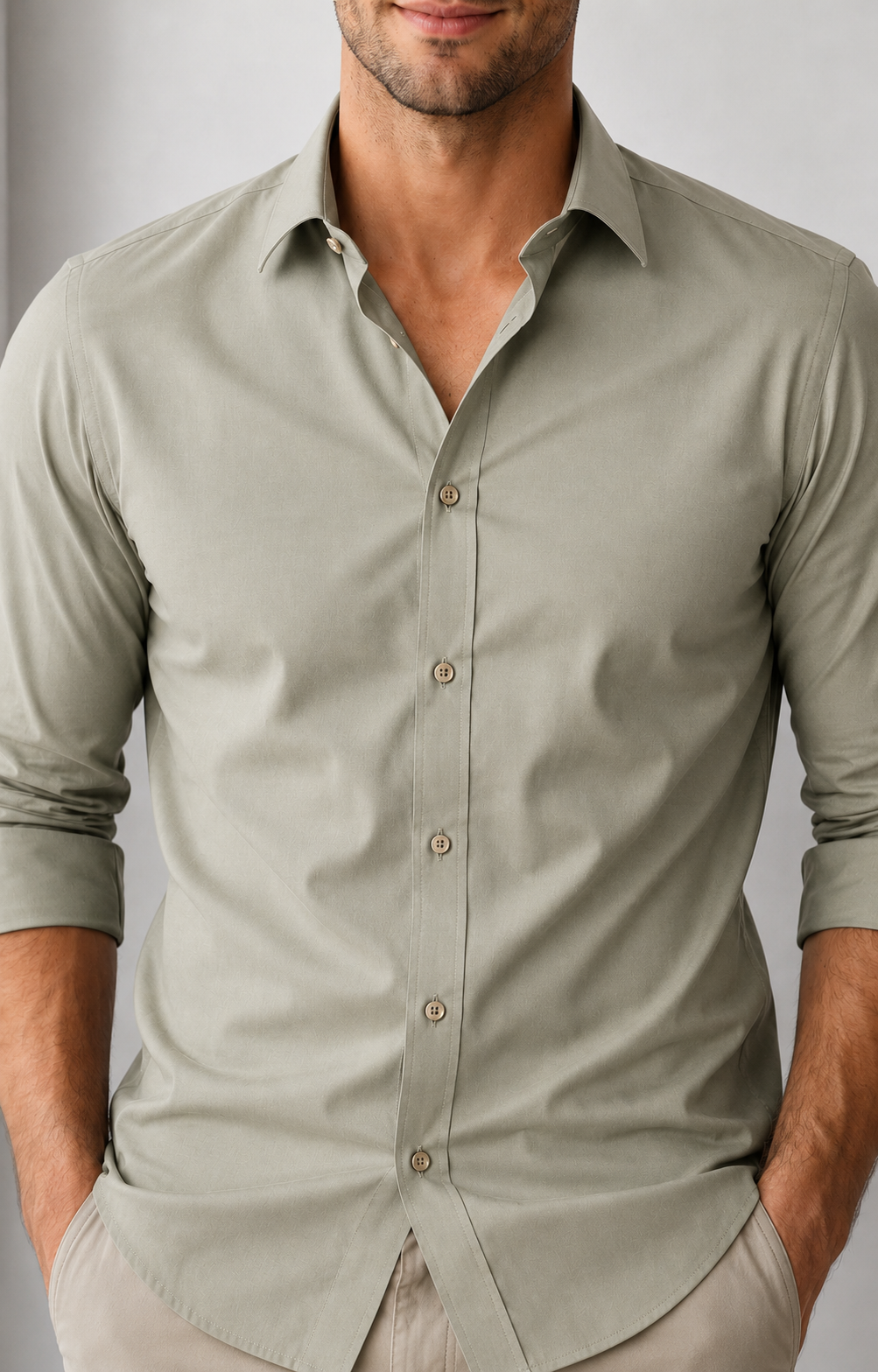 Man wearing a light gray button-up shirt against a plain background